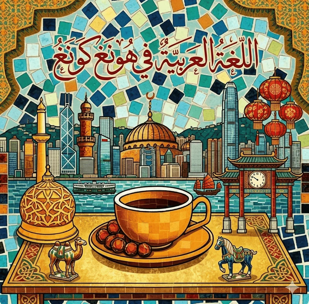 Illustration blending Arabic calligraphy, Hong Kong skyline, and shared hospitality motifs in a mosaic style.